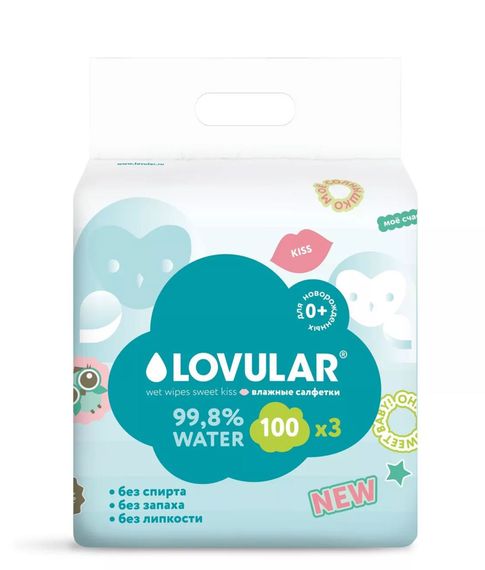 Купить Влажные салфетки Lovular Sweet Kiss, 100 шт х 3 упаковки