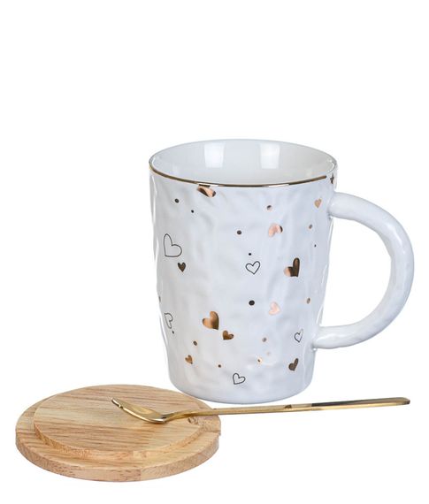 Керамическая кружка с деревянной крышкой и ложкой, 300 мл
