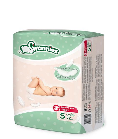 Купить Подгузники S (4-6 кг) Swannies, 72 шт