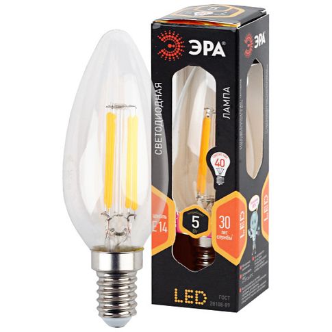 Лампочка светодиодная ЭРА F-LED F-LED B35-5W-827-E14 Е14 / Е14 5Вт филамент свеча теплый белый свет
