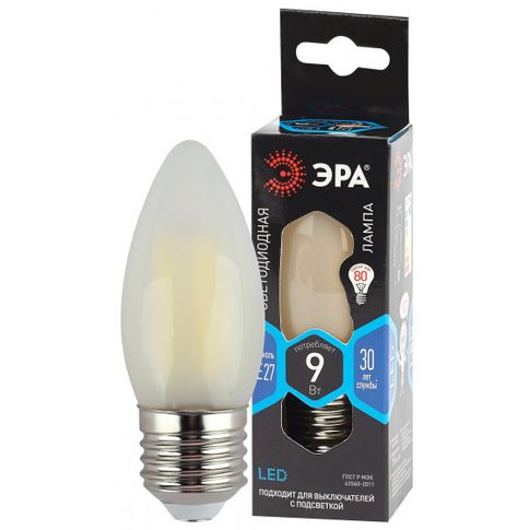 Лампочка светодиодная ЭРА F-LED F-LED B35-9w-840-E27 frost Е27 / Е27 9Вт филамент свеча матовая нейтральный белый свет