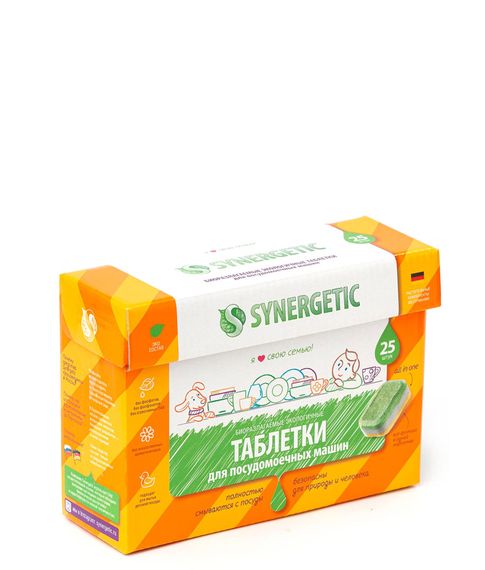 Бесфосфатные таблетки для посудомоечных машин SYNERGETIC, 25шт